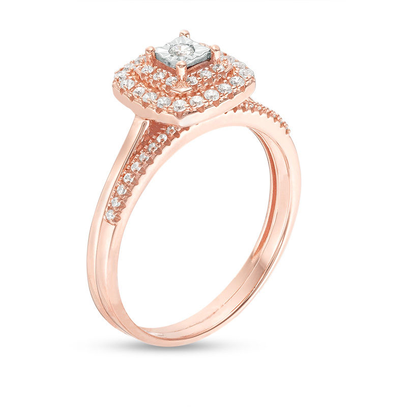 Main Image 3 of 1/4 CT. T.W. Diamond Double Cushion Frame Bridal Set in 10K Rose Gold