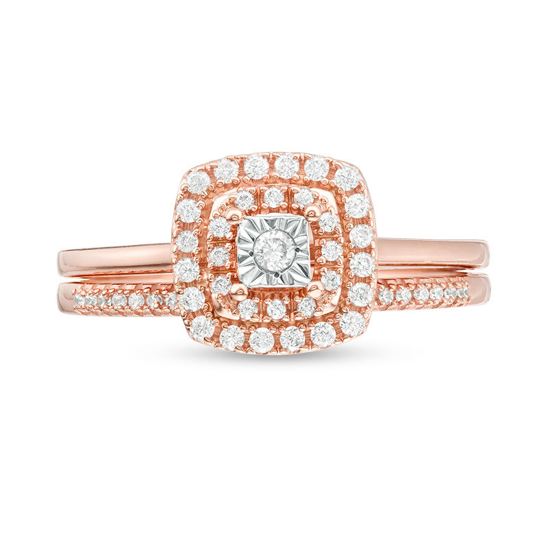 Main Image 4 of 1/4 CT. T.W. Diamond Double Cushion Frame Bridal Set in 10K Rose Gold