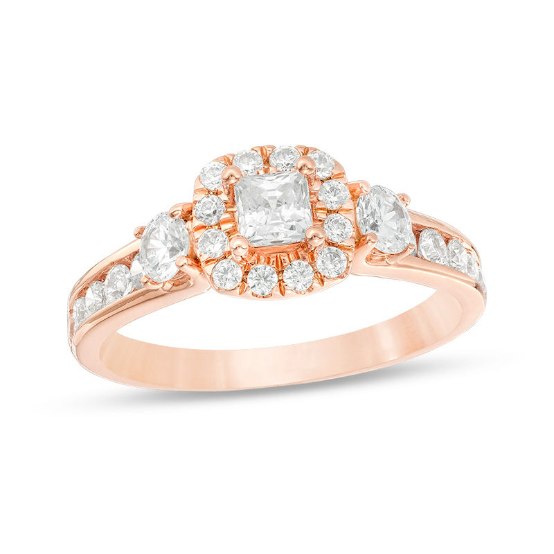 Main Image 1 of 1-1/4 CT. T.W. Princess-Cut Diamond Frame Three Stone Engagement Ring in 14K Rose Gold