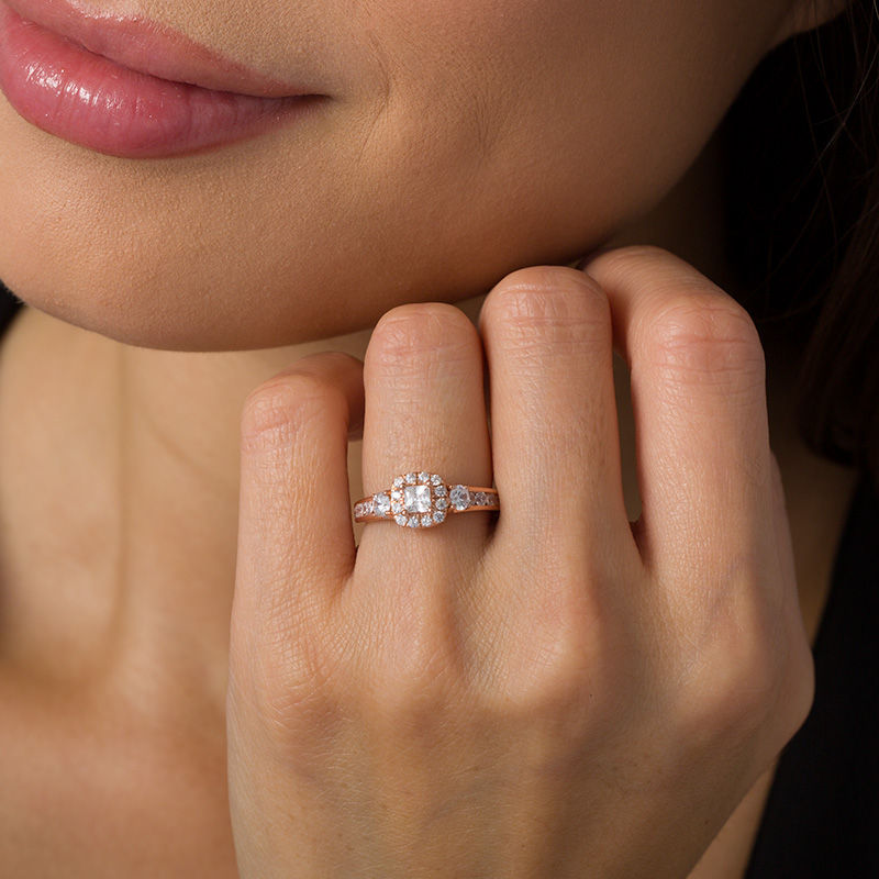 Main Image 2 of 1-1/4 CT. T.W. Princess-Cut Diamond Frame Three Stone Engagement Ring in 14K Rose Gold