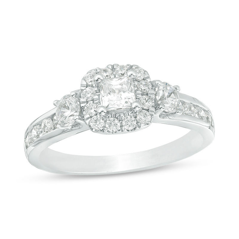 Main Image 1 of 1-1/4 CT. T.W. Princess-Cut Diamond Frame Three Stone Engagement Ring in 14K White Gold