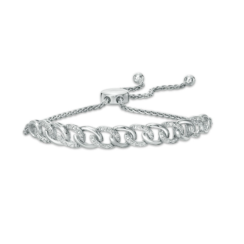 Main Image 1 of 1/10 CT. T.W. Diamond Interlocking Curb Link Bolo Bracelet in Sterling Silver - 9.5"