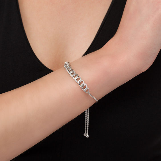 1/10 CT. T.w. Diamond Interlocking Curb Link Bolo Bracelet in Sterling Silver - 9.5"