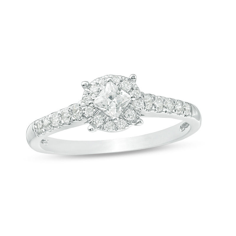 Main Image 1 of 1/2 CT. T.W. Princess-Cut Diamond Tilted Frame Engagement Ring in 10K White Gold