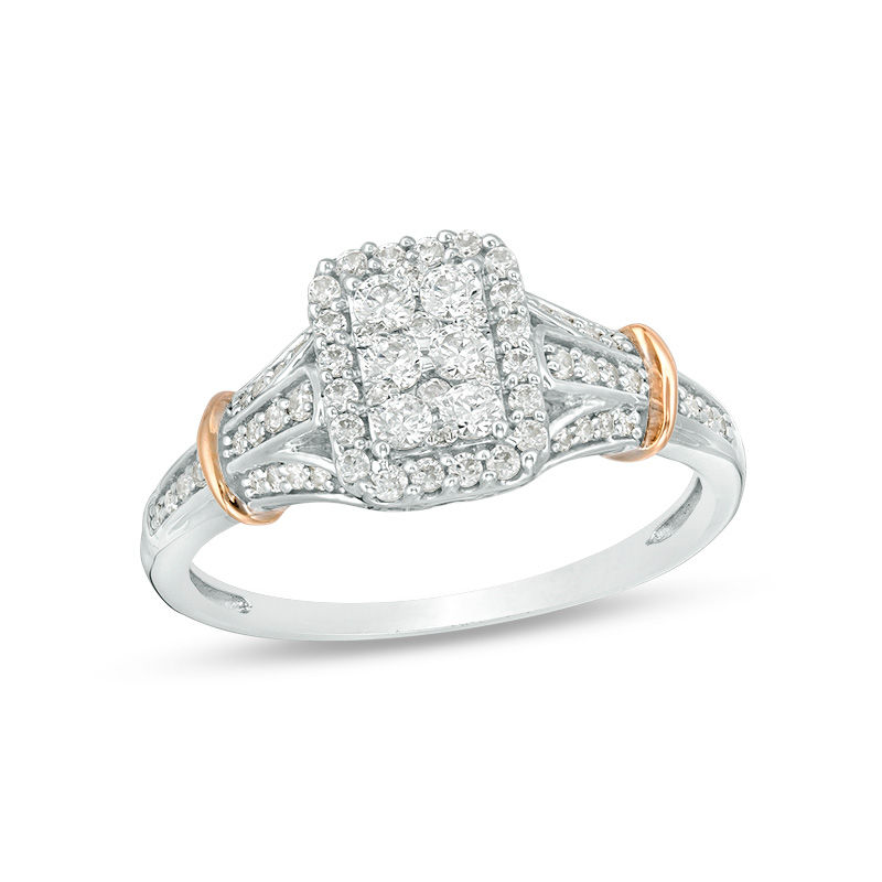 Main Image 1 of 1/2 CT. T.W. Diamond Rectangular Cushion Frame Collar Ring in 10K Two-Tone Gold