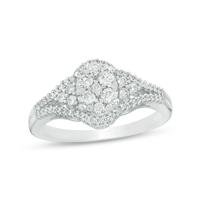 Main Image 1 of 1/2 CT. T.W. Oval Composite Diamond Tri-Sides Ring in 10K White Gold