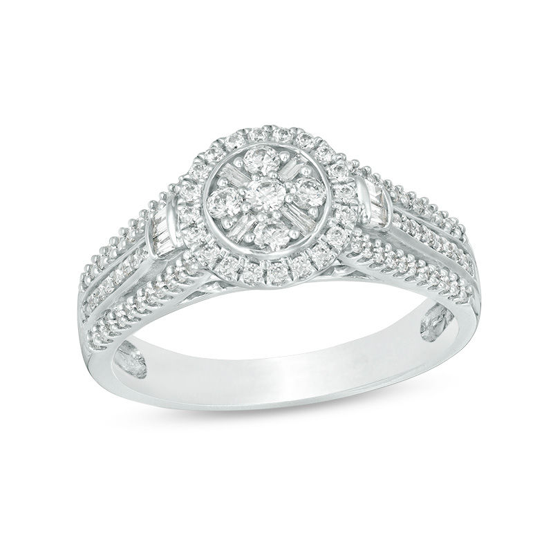Main Image 1 of 1/2 CT. T.W. Baguette and Round Composite Diamond Frame Collar Ring in 10K White Gold