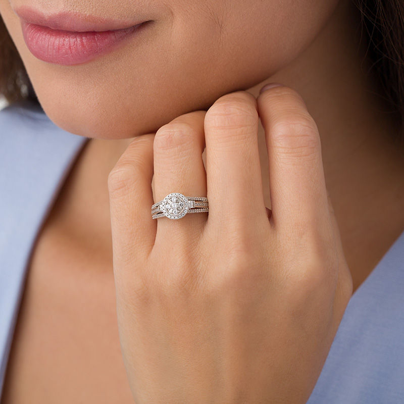 Main Image 3 of 1/2 CT. T.W. Baguette and Round Composite Diamond Frame Collar Ring in 10K White Gold