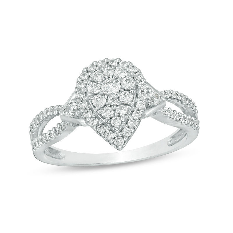 1/2 CT. T.W. Diamond Pear-Shaped Frame Tri-Sides Ring in 10K White Gold ...