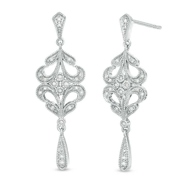 Main Image 1 of 1/10 CT. T.W. Diamond Filigree Vintage-Style Drop Earrings in Sterling Silver