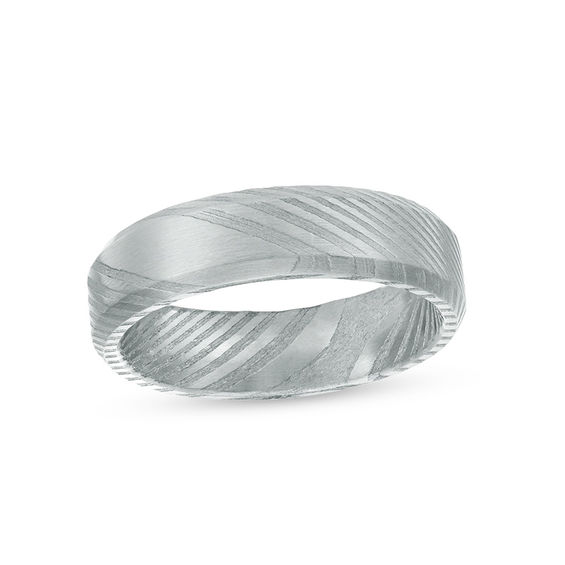 Men S 6 0mm Satin Beveled Edge Wedding Band In Damascus Stainless Men S 6 0mm Satin Beveled Edge Wedding Band In Damascus Stainless Steel