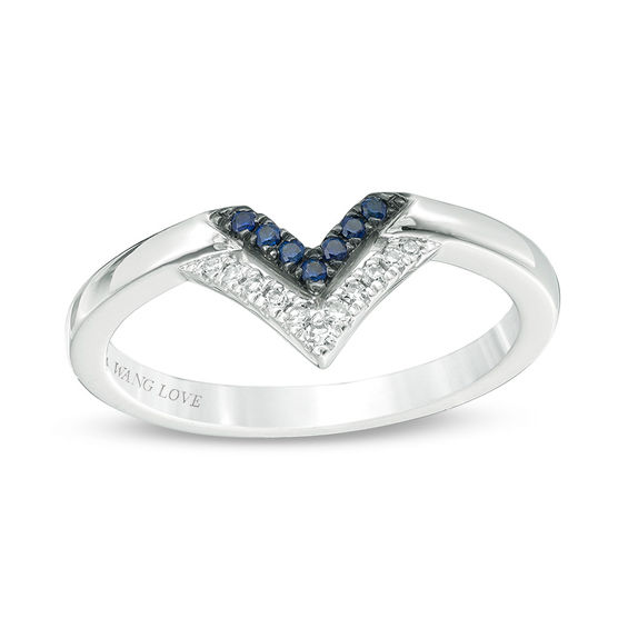 Vera Wang Love Collection Blue Sapphire and 1/20 CT. T.w. Diamond Double Chevron Ring in Sterling Silver