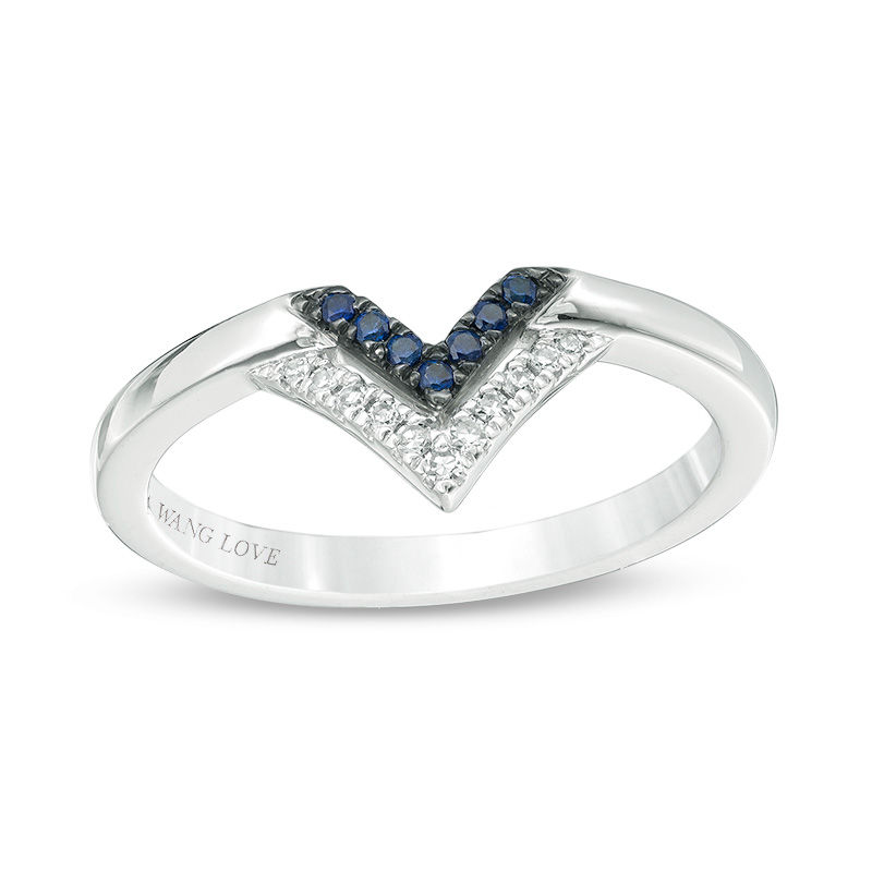 Vera Wang Love Collection Blue Sapphire and 1/20 CT. T.W. Diamond Double Chevron Ring in Sterling Silver