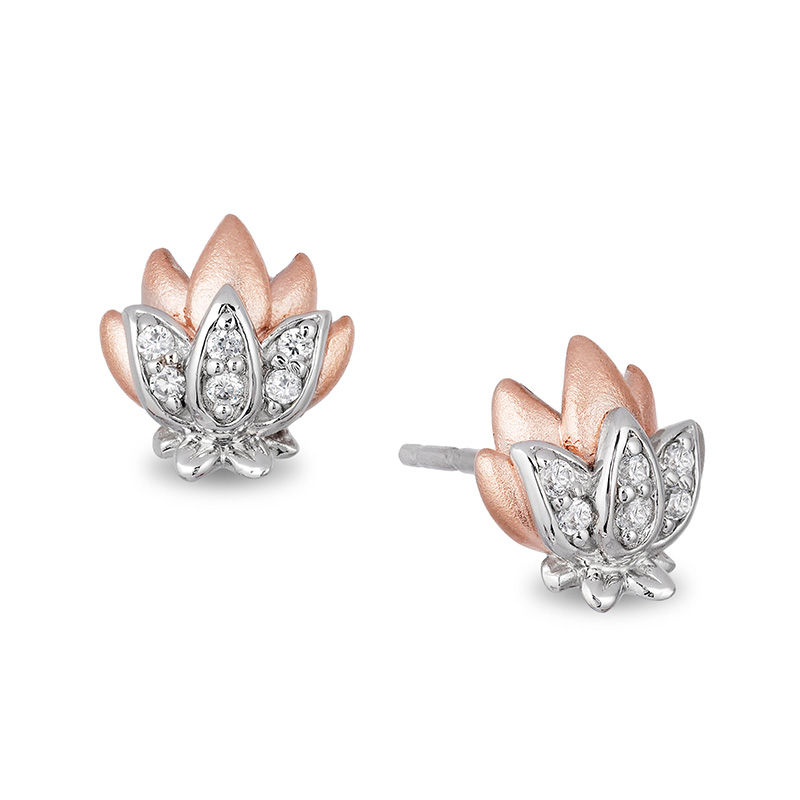 Main Image 1 of Enchanted Disney Jasmine 1/10 CT. T.W. Diamond Lotus Stud Earrings in Sterling Silver and 10K Rose Gold