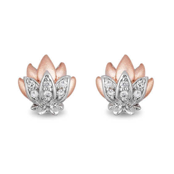 Enchanted Disney Jasmine 1/10 CT. T.w. Diamond Lotus Stud Earrings in Sterling Silver and 10K Rose Gold