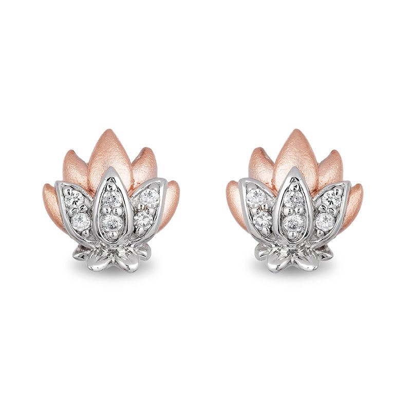 Main Image 2 of Enchanted Disney Jasmine 1/10 CT. T.W. Diamond Lotus Stud Earrings in Sterling Silver and 10K Rose Gold