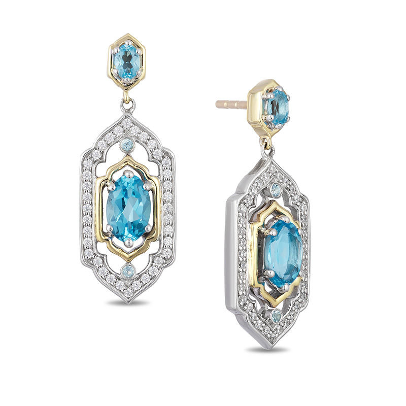 Main Image 1 of Enchanted Disney Jasmine Oval Swiss Blue Topaz and 1/5 CT. T.W. Diamond Drop Earrings in Sterling Silver and 10K Gold