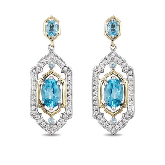 Enchanted Disney Jasmine Oval Swiss Blue Topaz and 1/5 CT. T.w. Diamond Drop Earrings in Sterling Silver and 10K Gold