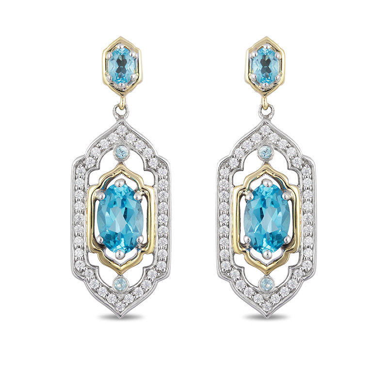 Main Image 2 of Enchanted Disney Jasmine Oval Swiss Blue Topaz and 1/5 CT. T.W. Diamond Drop Earrings in Sterling Silver and 10K Gold