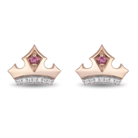 Enchanted Disney Aurora Pink Topaz and 1/20 CT. T.w. Diamond Crown Stud Earrings in 10K Rose Gold
