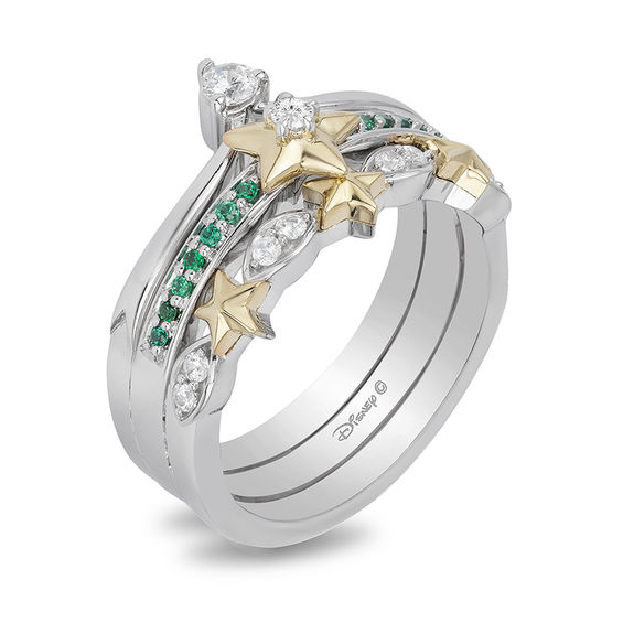 Enchanted Disney Tinker Bell 1/5 CT. T.w. Diamond and Topaz Stackable Band Set in Sterling Silver and 10K Gold