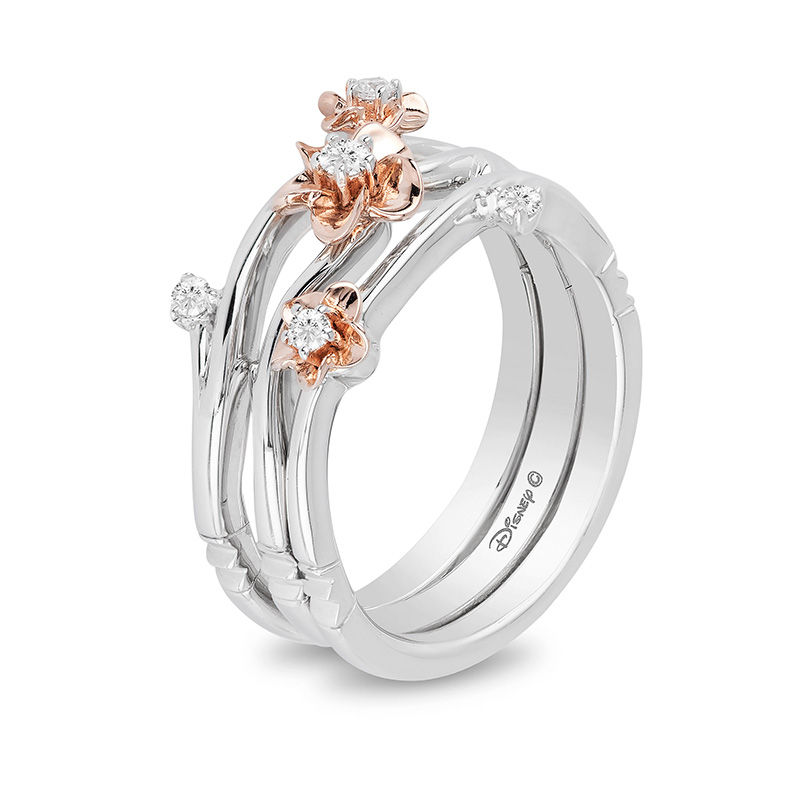 Enchanted Disney Mulan 1/10 CT. T.W. Diamond Flower Stackable Band Set in Sterling Silver and 10K Rose Gold