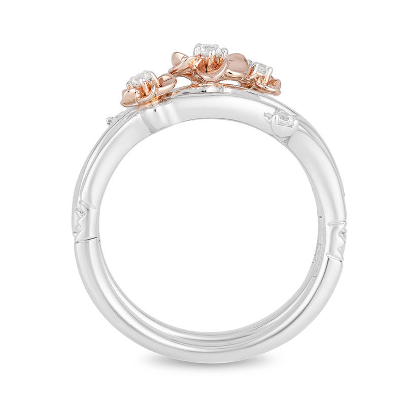 Enchanted Disney Mulan 1/10 CT. T.W. Diamond Flower Stackable Band Set in Sterling Silver and 10K Rose Gold