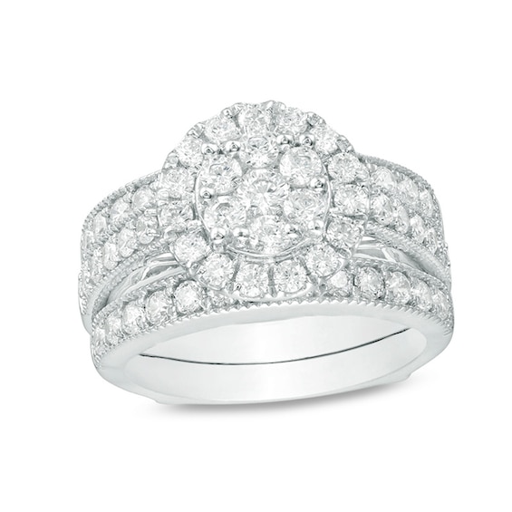 2 CT. T.w. Multi-Diamond Frame Vintage-Style Bridal Set in 14K White Gold - Size 7