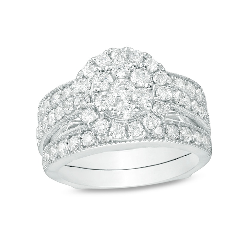 Main Image 1 of 2 CT. T.W. Multi-Diamond Frame Vintage-Style Bridal Set in 14K White Gold - Size 7