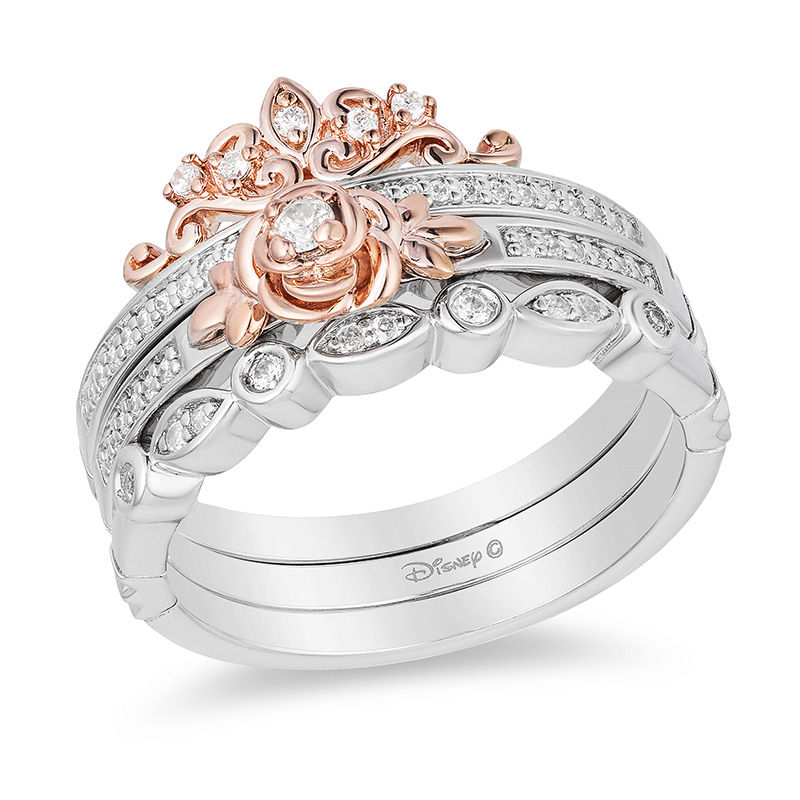 Main Image 1 of Enchanted Disney Belle 1/5 CT. T.W. Diamond Rose Stackable Band Set in Sterling Silver and 10K Rose Gold