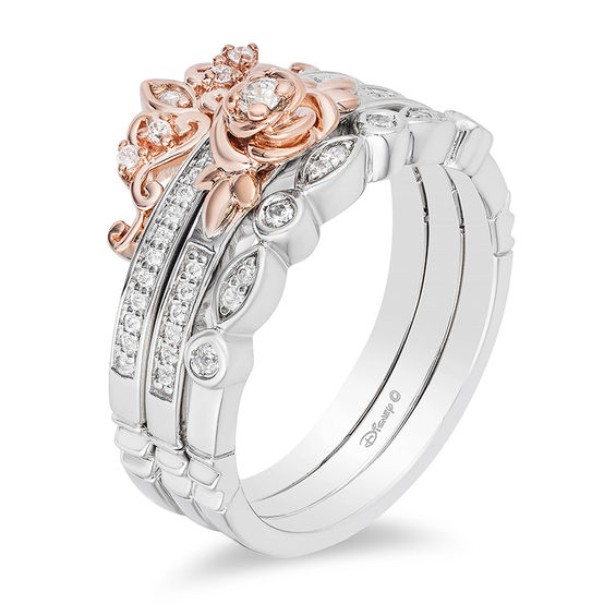 Enchanted Disney Belle 1/5 CT. T.w. Diamond Rose Stackable Band Set in Sterling Silver and 10K Rose Gold