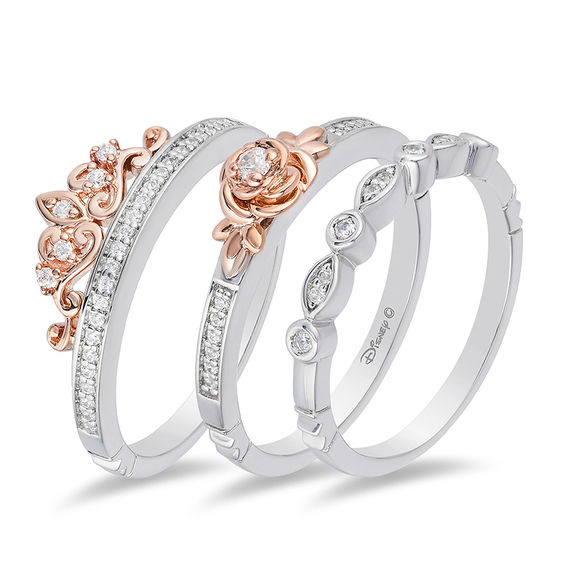Enchanted Disney Belle 1/5 CT. T.w. Diamond Rose Stackable Band Set in Sterling Silver and 10K Rose Gold