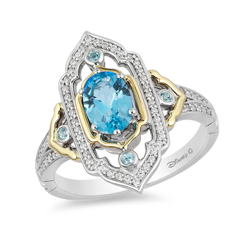 Main Image 1 of Enchanted Disney Jasmine Oval Swiss Blue Topaz and 1/5 CT. T.W. Diamond Ring in Sterling Silver and 10K Gold