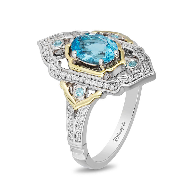 Main Image 2 of Enchanted Disney Jasmine Oval Swiss Blue Topaz and 1/5 CT. T.W. Diamond Ring in Sterling Silver and 10K Gold