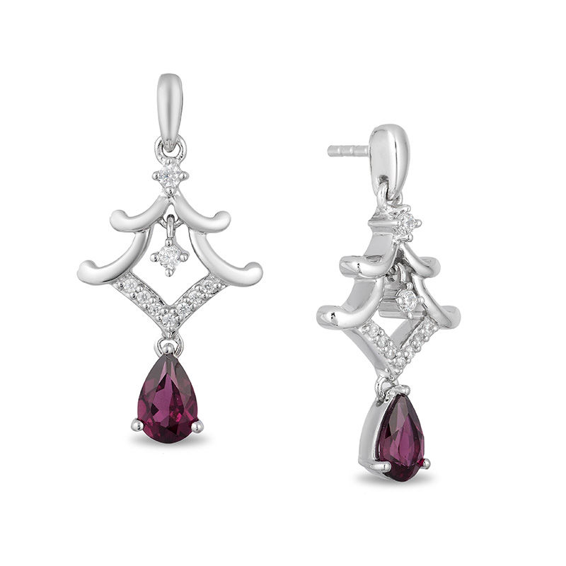 Enchanted Disney Mulan Pear-Shaped Garnet and 1/10 CT. T.W. Diamond Pagoda Drop Earrings in Sterling Silver