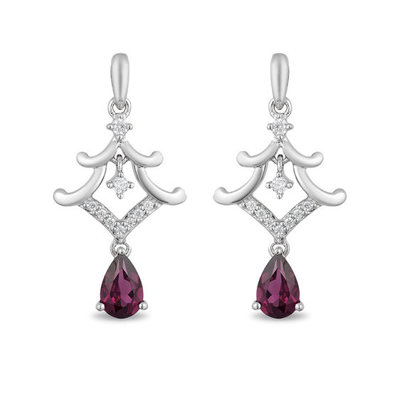 Enchanted Disney Mulan Pear-Shaped Garnet and 1/10 CT. T.w. Diamond Pagoda Drop Earrings in Sterling Silver