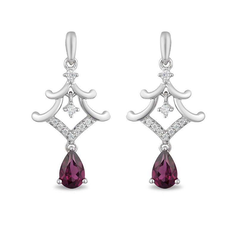 Enchanted Disney Mulan Pear-Shaped Garnet and 1/10 CT. T.W. Diamond Pagoda Drop Earrings in Sterling Silver