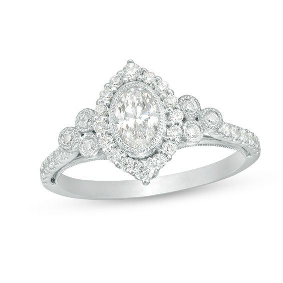1 CT. T.w. Oval Diamond Marquise Frame Bezel-Set Tri-Sides Vintage-Style Engagement Ring in 14K White Gold