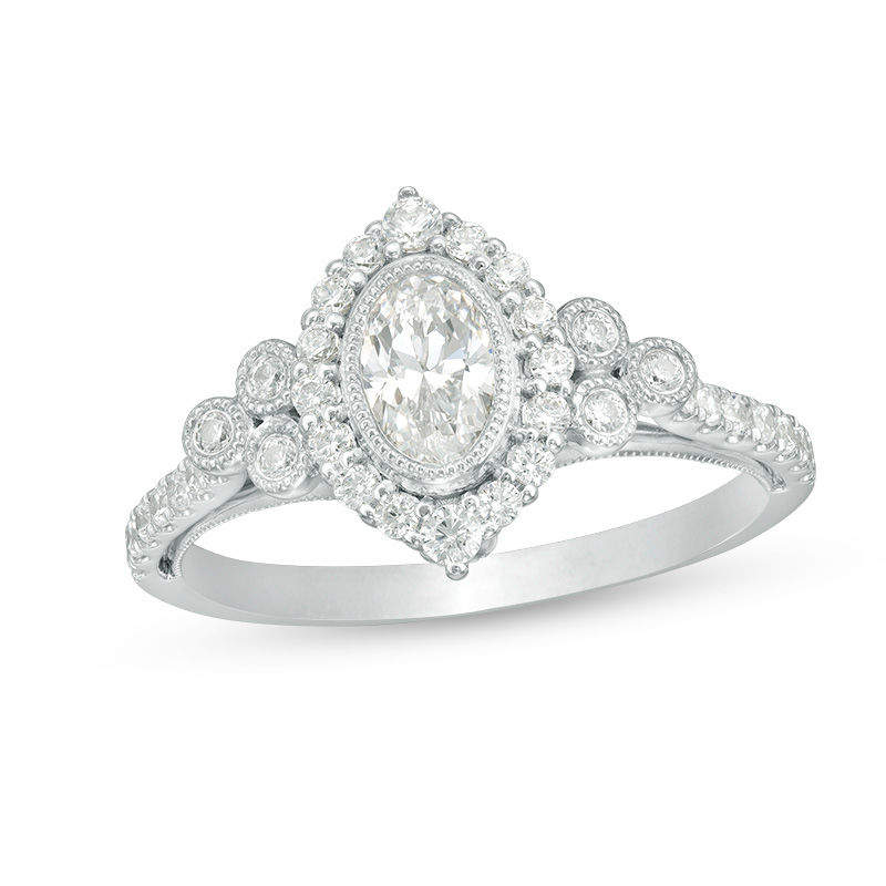 Main Image 1 of 1 CT. T.W. Oval Diamond Marquise Frame Bezel-Set Tri-Sides Vintage-Style Engagement Ring in 14K White Gold