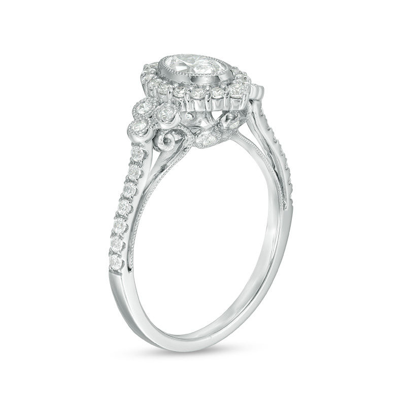 Main Image 2 of 1 CT. T.W. Oval Diamond Marquise Frame Bezel-Set Tri-Sides Vintage-Style Engagement Ring in 14K White Gold