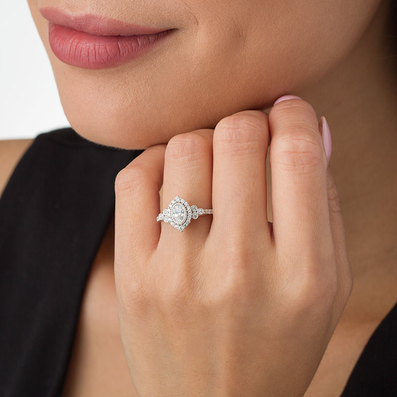 Main Image 3 of 1 CT. T.W. Oval Diamond Marquise Frame Bezel-Set Tri-Sides Vintage-Style Engagement Ring in 14K White Gold