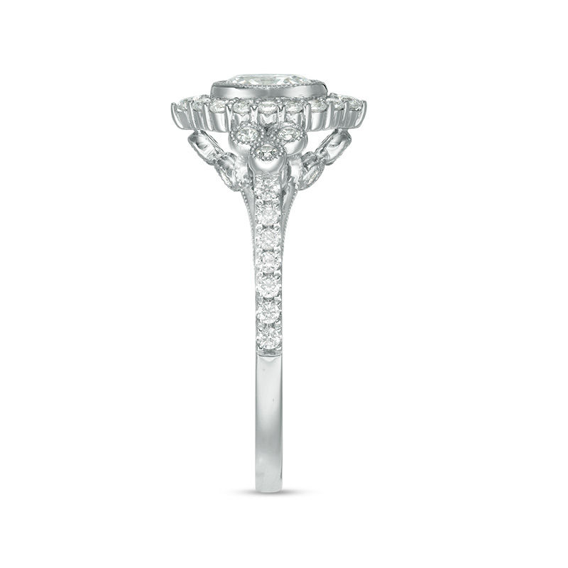 Main Image 4 of 1 CT. T.W. Oval Diamond Marquise Frame Bezel-Set Tri-Sides Vintage-Style Engagement Ring in 14K White Gold