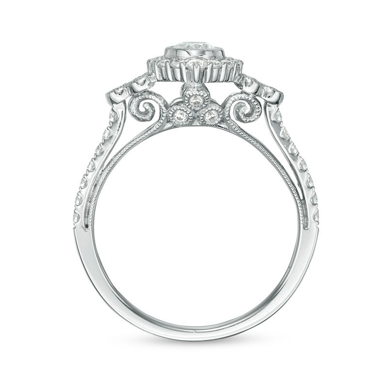 Main Image 5 of 1 CT. T.W. Oval Diamond Marquise Frame Bezel-Set Tri-Sides Vintage-Style Engagement Ring in 14K White Gold