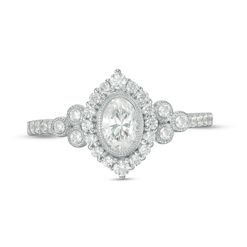 Main Image 6 of 1 CT. T.W. Oval Diamond Marquise Frame Bezel-Set Tri-Sides Vintage-Style Engagement Ring in 14K White Gold