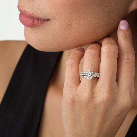 1-1/3 CT. T.w. Marquise Diamond Frame Three Row Engagement Ring in 14K White Gold