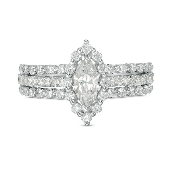1-1/3 CT. T.w. Marquise Diamond Frame Three Row Engagement Ring in 14K White Gold