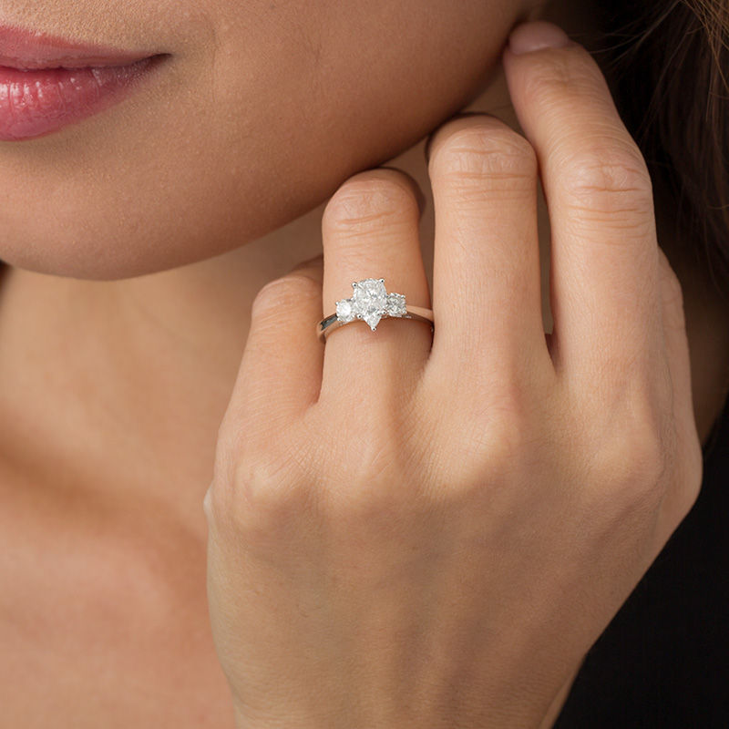 Main Image 3 of 1 CT. T.W. Composite Diamond Pear-Shaped Three Stone Engagement Ring in 14K White Gold