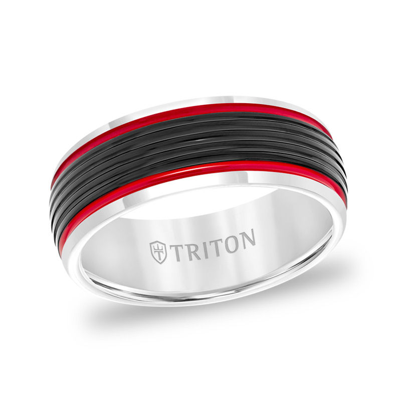 Main Image 1 of Triton Men's 8.0mm Comfort-Fit Carbon Fiber Grooved Wedding Band in Two-Tone Tungsten