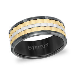 Triton Men's 9.0mm Comfort-Fit Ribbed Center Wedding Band in Tungsten with Black and Gold-Tone IP