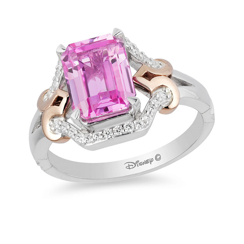 Enchanted Disney Aurora Pink Topaz and 1/8 CT. T.W. Diamond Crown Ring in Sterling Silver and 10K Rose Gold